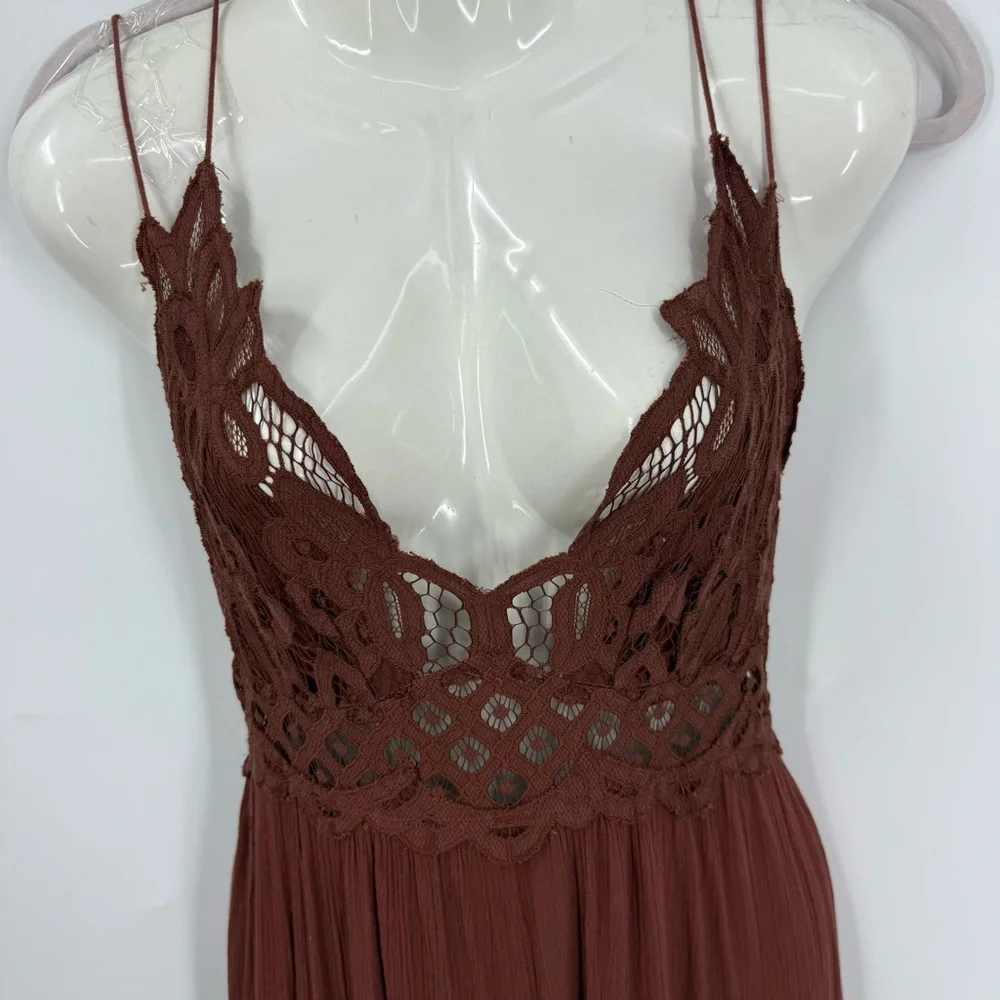 Free People Adella Brown Maxi romantic bohemian Dress with Lace Trim M - Picture 6 of 17